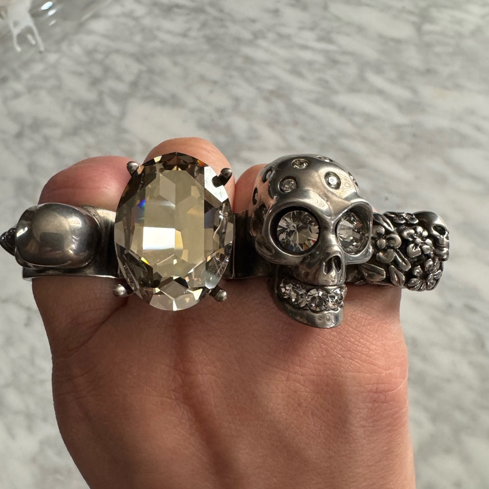 Alexander McQueen Silver Skull and Crystal Duster Ring